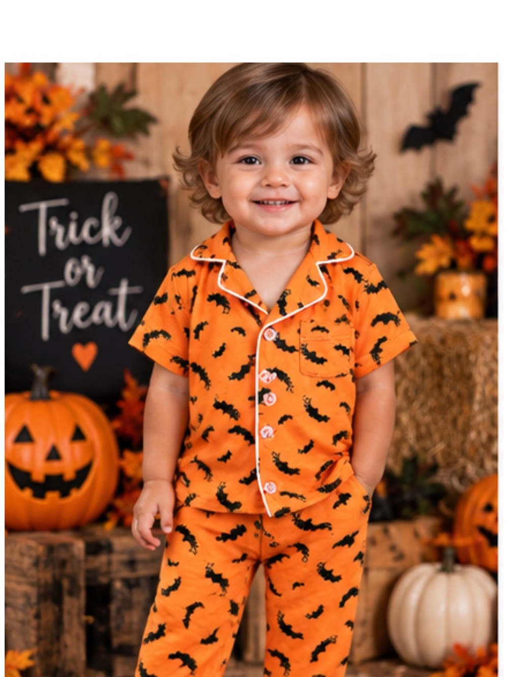 Little Me Orange Bat-Print Halloween Pajama Set